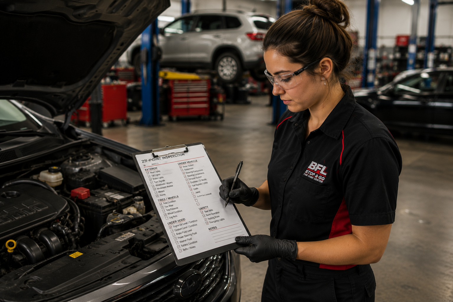 Technician completing 27-point vehicle inspection
