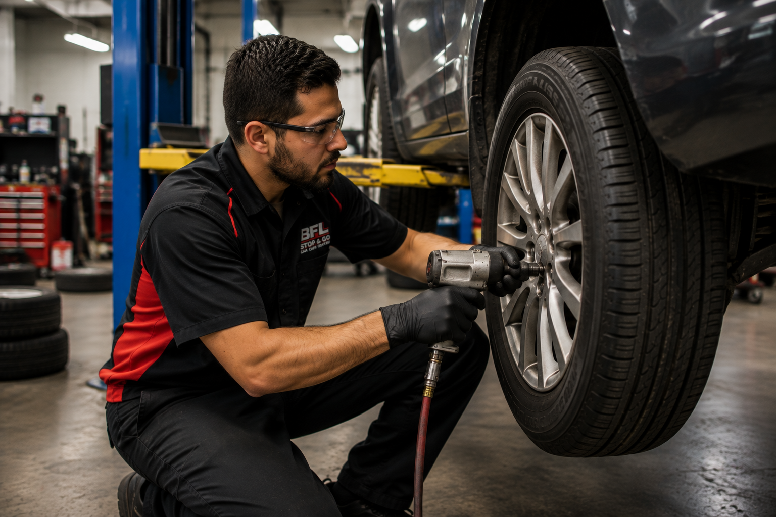 Technician performing tire rotation and inspection
