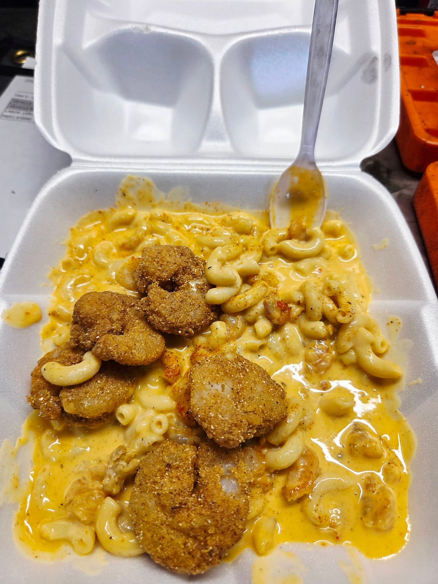 Mac and cheese with fried shrimp from food truck at BFL Lafayette