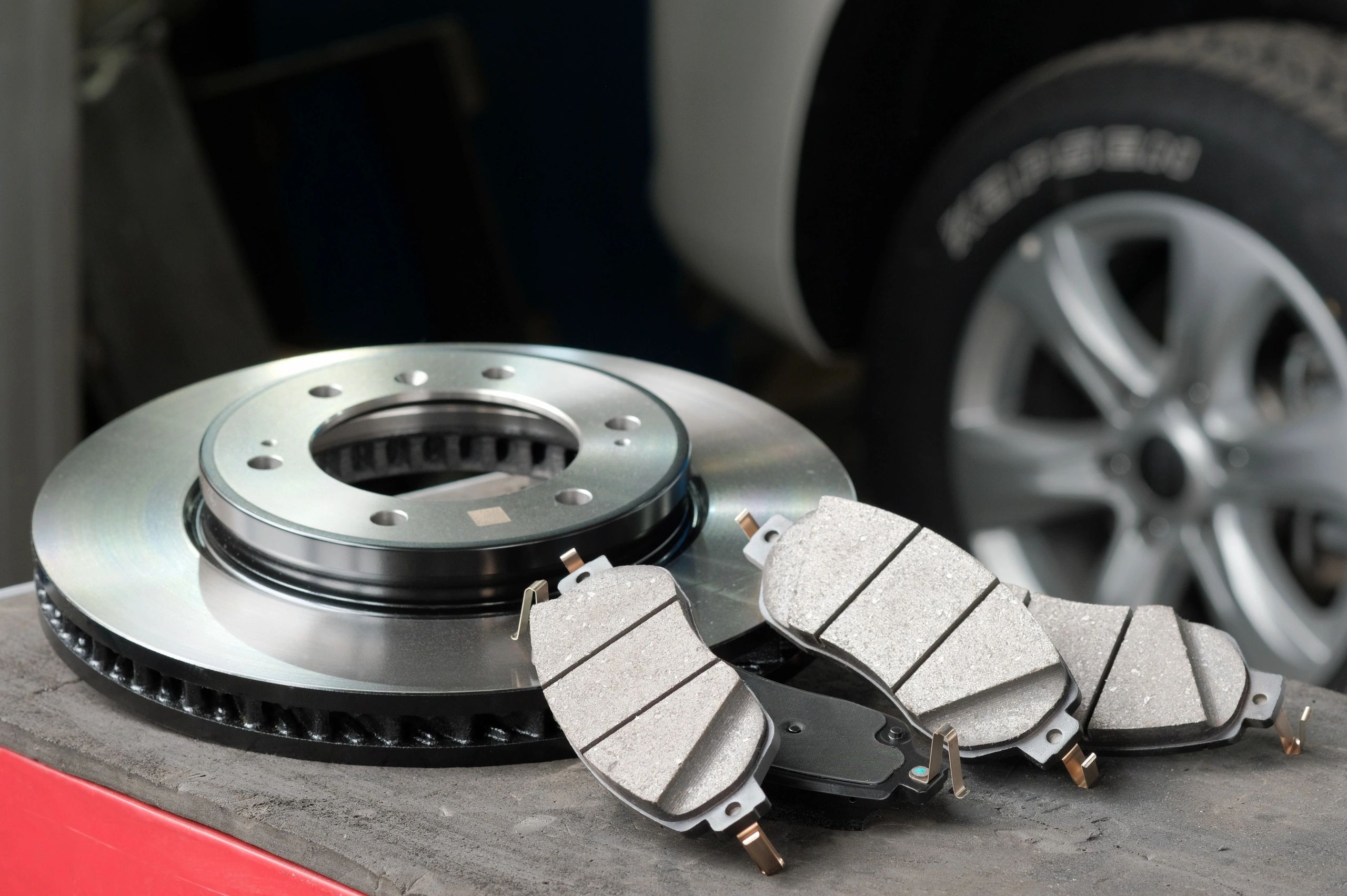 Brake rotor and brake pads ready for installation